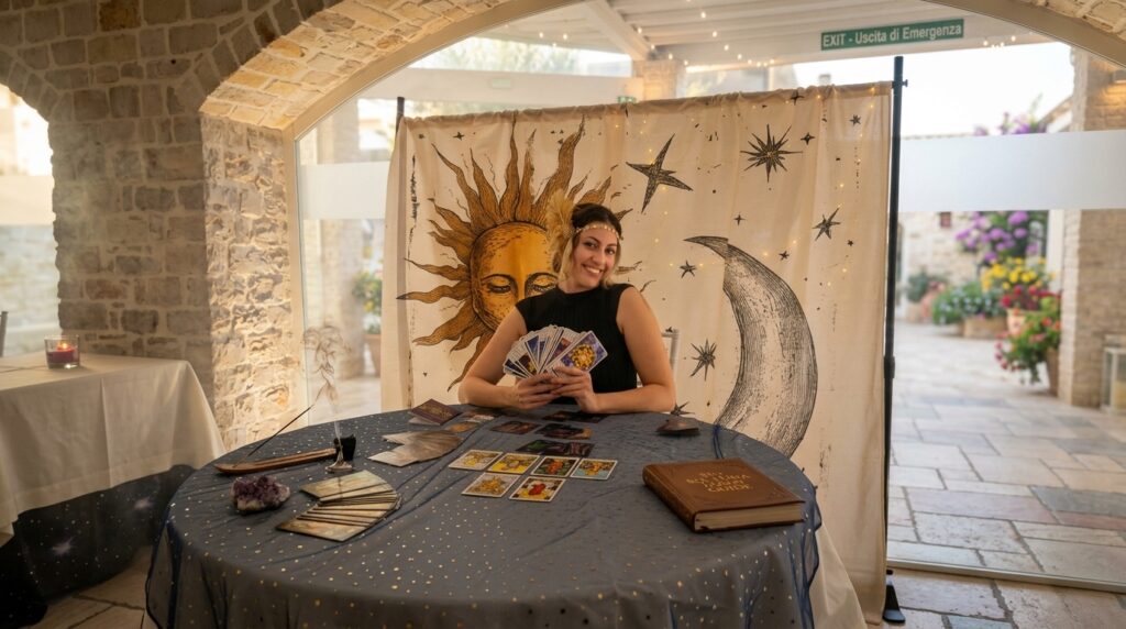 Madame Kumari - La Cartomante Gitana, un’esperienza mistica per eventi indimenticabili. Con predizioni affascinanti attraverso carte e lettura della mano, offre un tocco magico e misterioso. Atmosfera gitana, candele, incensi e antichi libri trasportano gli ospiti nel mondo del destino, rendendo ogni incontro unico e sorprendente. Perfetta per chi cerca un intrattenimento suggestivo e intrigante per le proprie feste o eventi speciali.