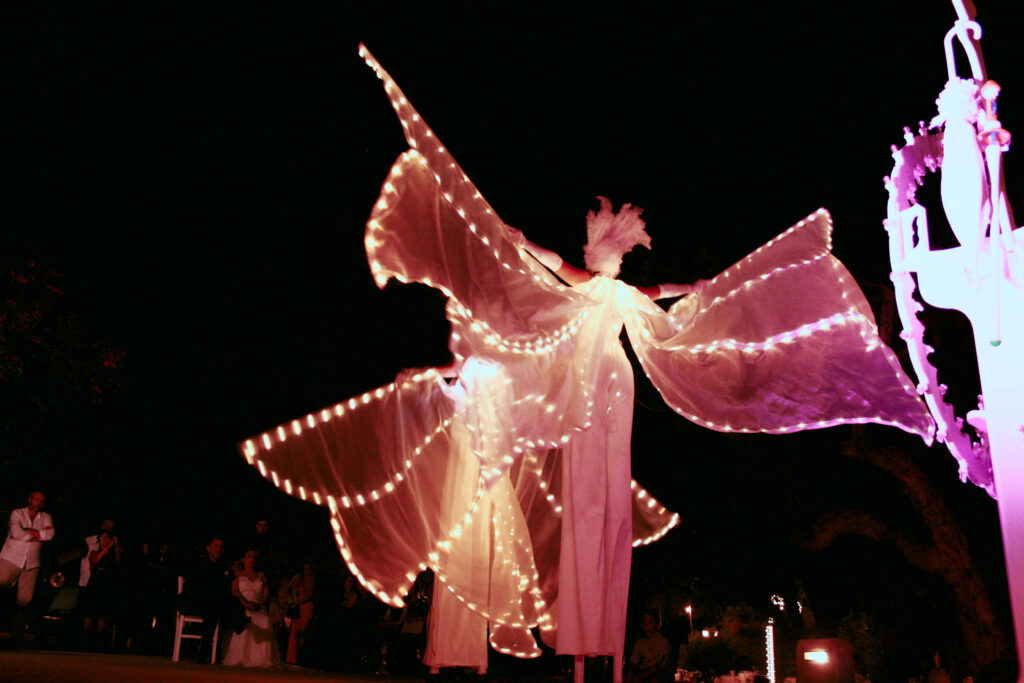 danza delle farfalle luminose su trampoli