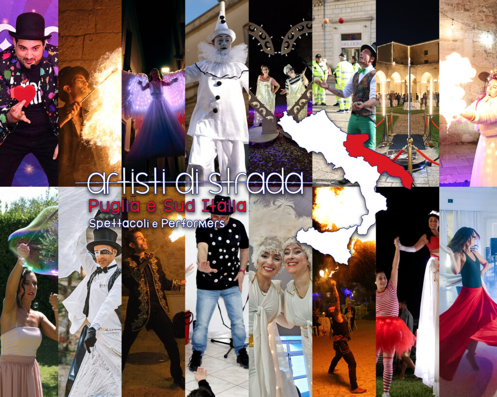 Artisti di Strada e Spettacoli Circensi in Puglia 🎭🔥

Scopri spettacoli unici per eventi: giocoleria, fuoco, trampolieri, danza aerea, mimo, clown, acrobati e bolle di sapone. Perfetti per matrimoni, feste e festival. Contatta gli artisti di strada e circensi in Puglia!