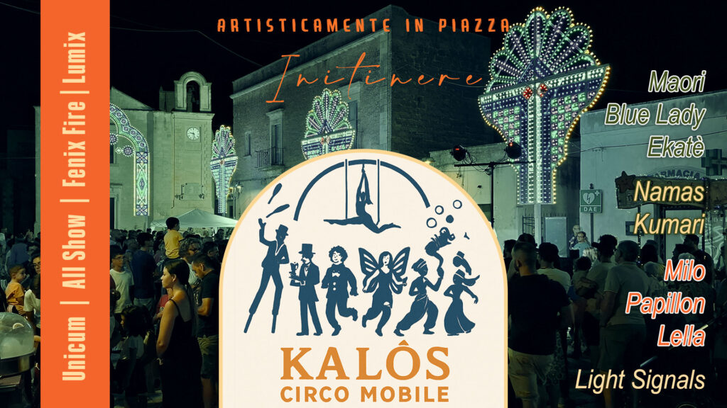 Spettacoli itineranti di circo contemporaneo. Kalos Circo Mobile: spettacoli di artisti di strada per eventi unici e coinvolgenti. Performance moderne come giochi di fuoco, bolle di sapone, trampolieri e clown. Ideali per matrimoni, feste private, fiere ed eventi aziendali. Spettacoli personalizzati, accoglienze spettacolari e animazioni su misura per ogni occasione. Un'esperienza magica che affascina grandi e piccoli, con la creatività e l'energia del circo itinerante.