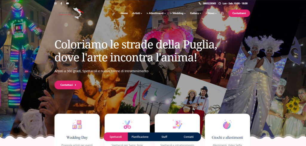 Artisti di strada Salento – Spettacoli unici in Puglia. 
Gli artisti di strada del Salento portano magia, emozioni e sorrisi a eventi in tutta la Puglia e il Centro-Sud Italia. Con spettacoli di clown, giocolieri, trampolieri, mangiafuoco, musicisti e molto altro, animano feste di piazza, matrimoni, inaugurazioni, fiere e eventi privati. Perfetti per trasformare ogni occasione in un’esperienza memorabile, offrono performance su misura per grandi e piccoli. Disponibili anche per trasferte nazionali, garantiscono arte e divertimento ovunque. Richiedi informazioni, foto e video per organizzare un evento indimenticabile!. Artisti di strada Salento  disponibili per eventi, feste di piazza, manifestazioni, eventi aziendali, feste di natale, spettacoli Matrimonio, Farfalle luminose, giocolieri, trampolieri, Sputafuoco, Mimi luminosi, Clown, Bolle di sapone.
