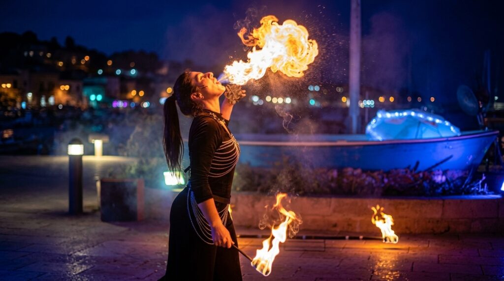 MADAME FIRE propone uno spettacolo unico che unisce sputafuoco, danza del fuoco, giocoleria incandescente e fachirismo su vetri. Ideale per eventi in Puglia: feste, sagre, matrimoni, compleanni, cene spettacolo. Adatto a tutte le età, con forte impatto visivo ed emotivo. Professionalità, sicurezza e versatilità in ogni performance.
