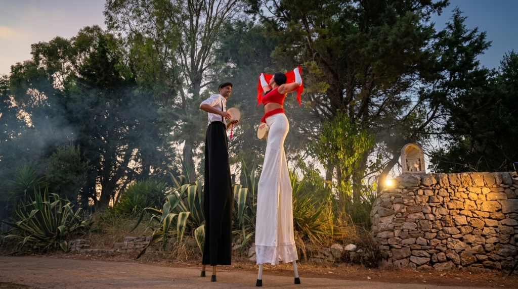 Due trampolieri leggendari, Madame Sasà e Namas, trasformano la Pizzica Salentina in un rito di fuoco e adrenalina. Passi a 2 metri d'altezza, fiamme e tamburello. Folklore che diventa arte contemporanea. 🔥