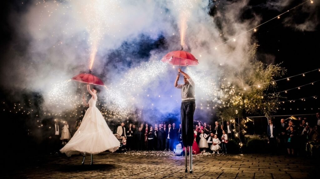 Spettacolo di danza acrobatica su trampoli con effetti luci led e pirotecnica in Puglia. Show immersivo e ad alta tensione emozionale, perfetto per matrimoni, eventi aziendali, feste di paese e sagre. Artisti professionisti, durata 50 minuti, spazio minimo 8x8 metri. Trasforma il tuo evento in un'esperienza indimenticabile tra eleganza, adrenalina e tecnologia luminosa.