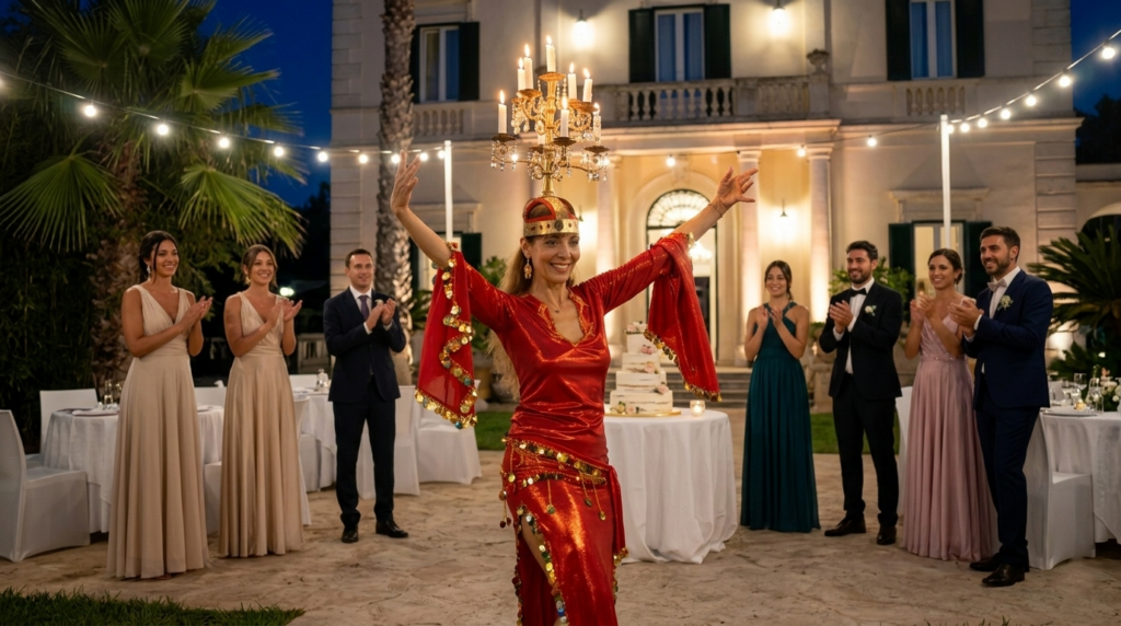 Spettacolo di Danza Orientale con Fuoco e Led – Madame Fire
Lo spettacolo di danza orientale con fuoco e led di Madame EKatè è un’esibizione scenografica ed emozionante che unisce eleganza, tradizione e innovazione. Le raffinate movenze della danza orientale si fondono con il fascino del fuoco scenico e con suggestivi giochi di luce led, creando un’atmosfera coinvolgente e di grande impatto visivo. Ideale per eventi pubblici e privati, matrimoni, sagre, feste di paese, eventi aziendali e cene spettacolo, lo show è modulabile, sicuro e adatto sia a spazi indoor che outdoor. Una proposta artistica originale e di qualità, perfetta per rendere ogni evento unico e memorabile.